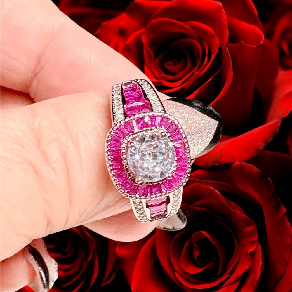 SALE! Elegant deep Pink and Silver Women's HALO Ring